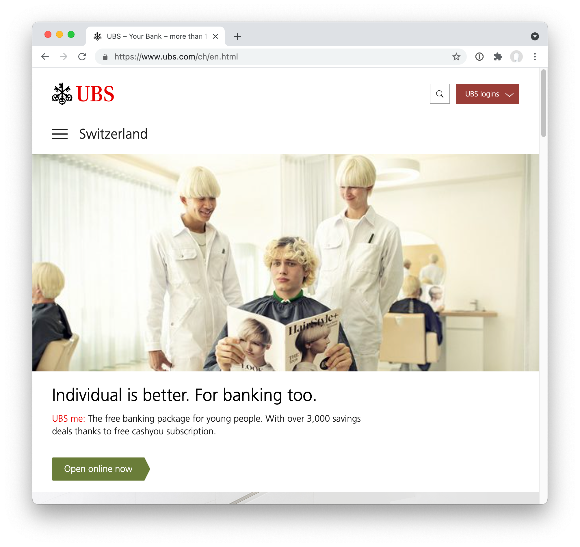 Screenshot of UBS public website