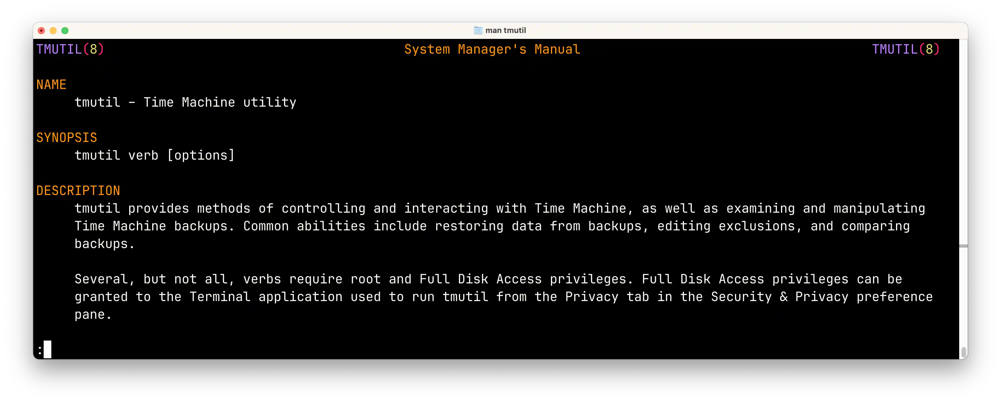 Screenshot of the man page of tmutil, a macOS command to manage Time Machine backups