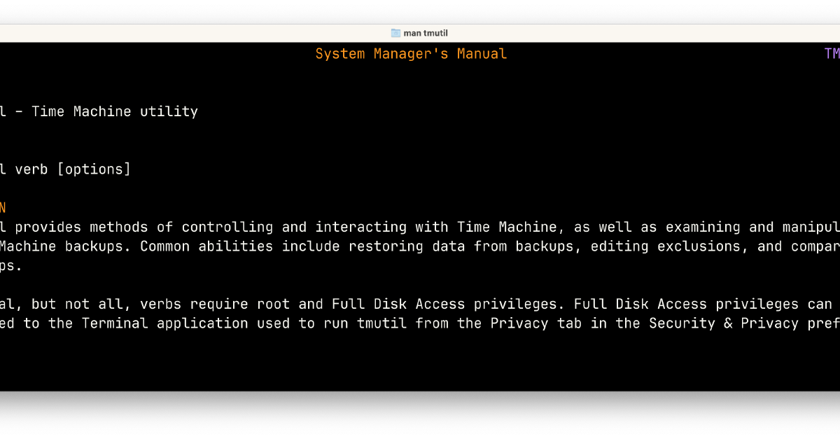 Screenshot of the man page of tmutil, a macOS command to manage Time Machine backups