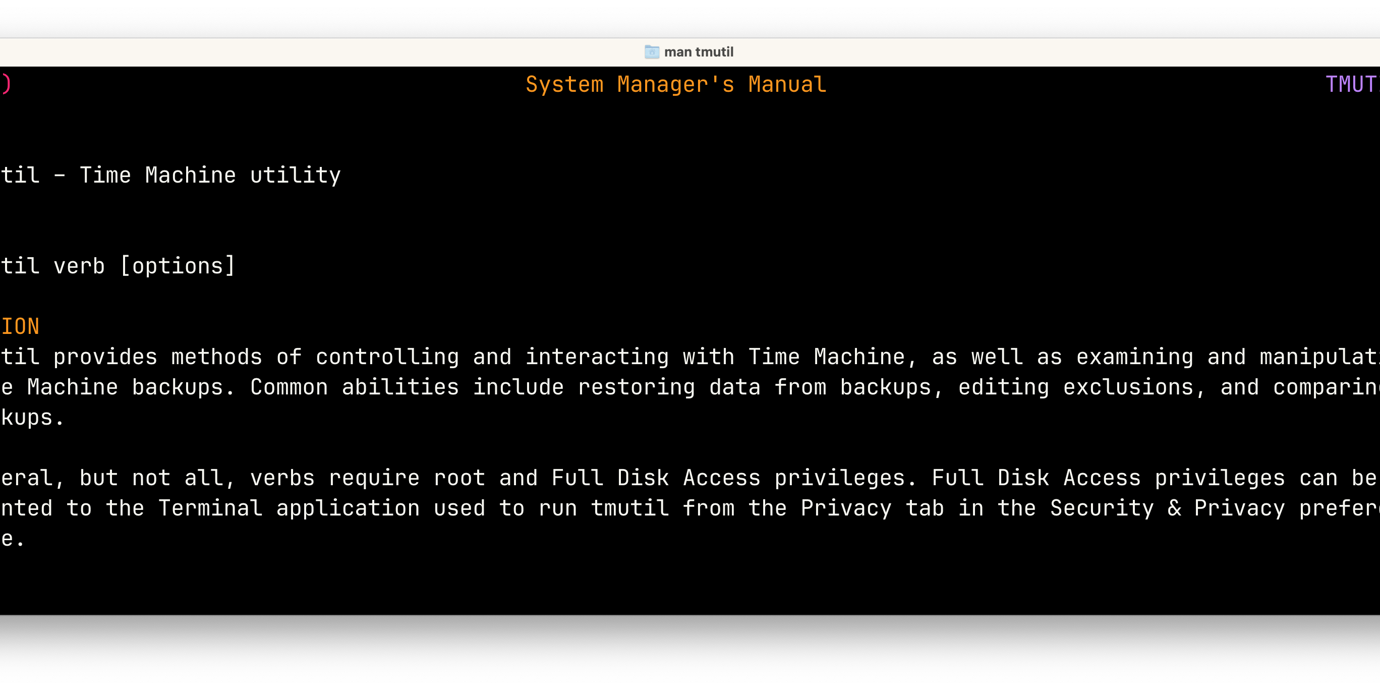 Screenshot of the man page of tmutil, a macOS command to manage Time Machine backups