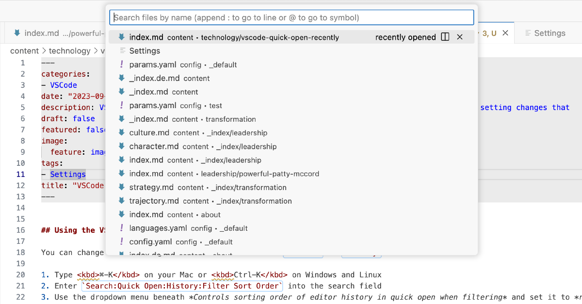 VSCode: Order files in Quick Open by recency