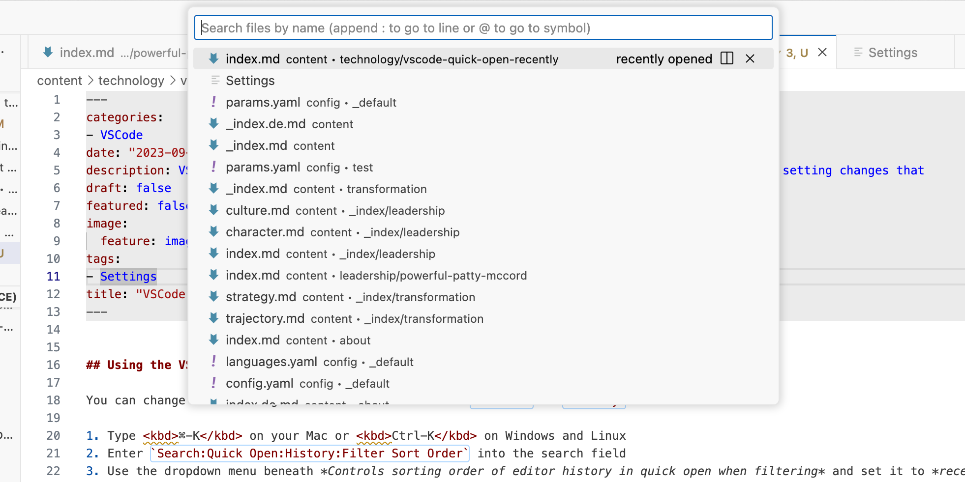 Vscode quick open settings recency